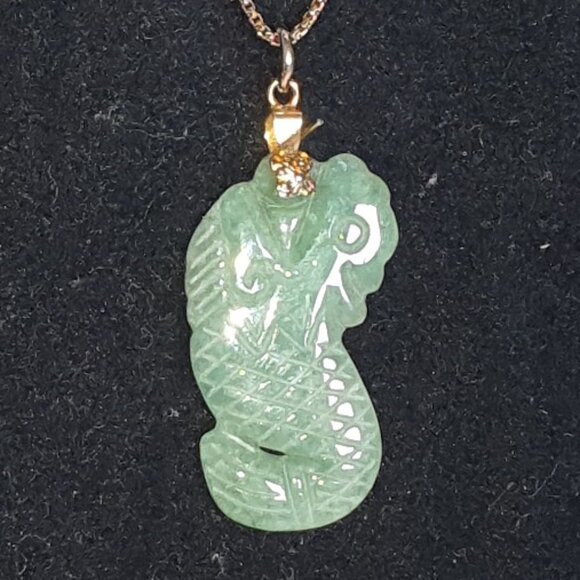 Vintage Hand Carved Double Sides Genuine Green Jade Dragon-Koi Pendant - Picture 11 of 15